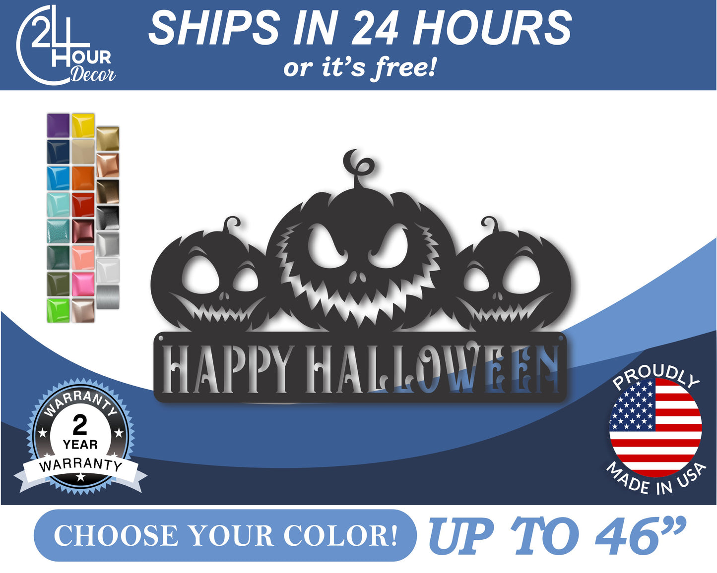 Custom Metal Happy Halloween Jack o' Lantern Wall Art | Indoor Outdoor | Up to 46" | 20+ Color Options