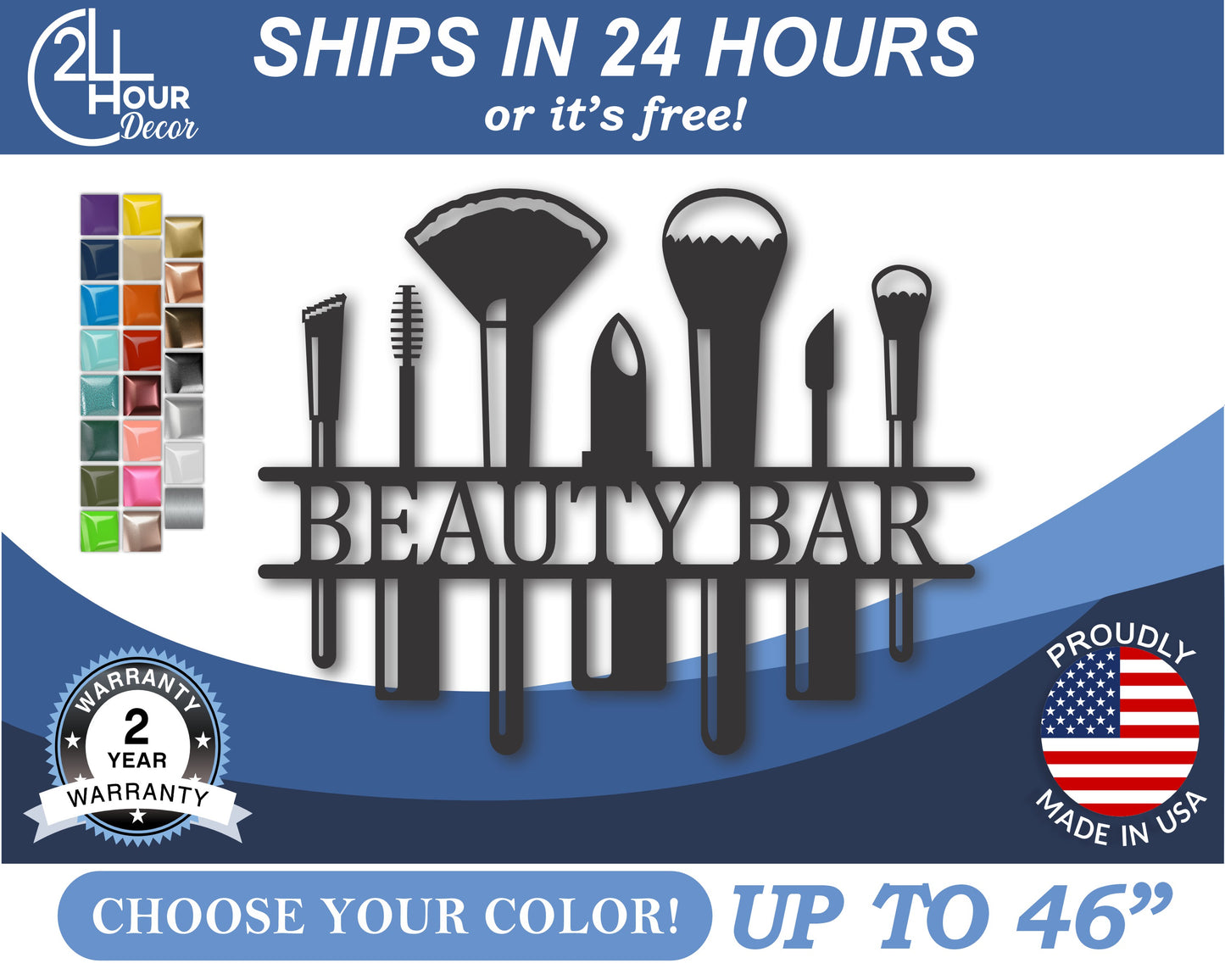 Custom Metal Makeup Brushes Wall Art | Indoor Outdoor | Up to 46" | 20+ Color Options