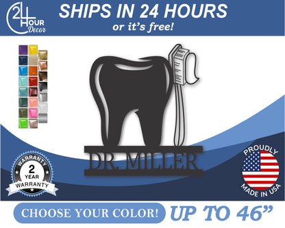 Custom Metal Tooth and Toothbrush Wall Art | Indoor Outdoor | Up to 46" | 20+ Color Options