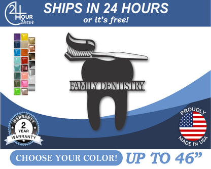 Custom Metal Dentist Tooth and Toothbrush Wall Art | Indoor Outdoor | Up to 46" | 20+ Color Options