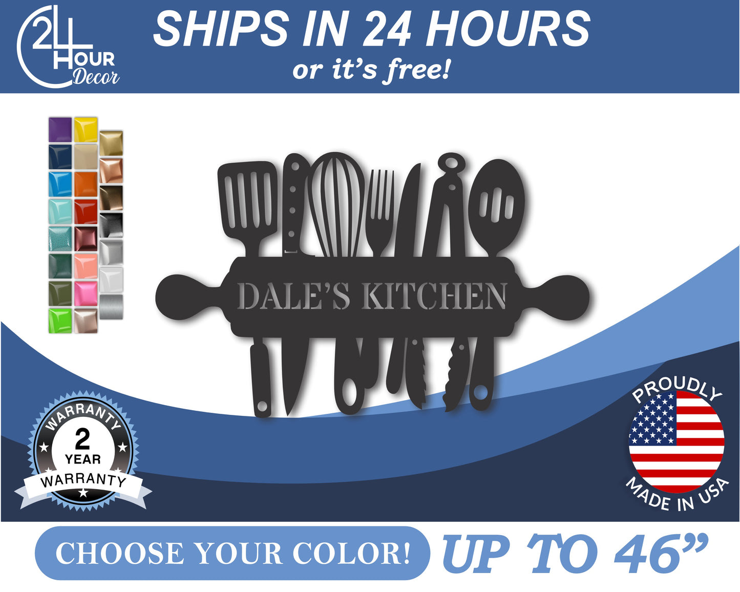 Custom Metal Cooking Utensils Wall Art | Indoor Outdoor | Up to 46" | 20+ Color Options