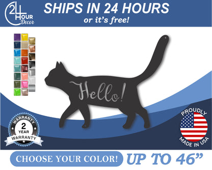 Custom Metal Hello Cat Wall Art | Indoor Outdoor | Up to 46" | 20+ Color Options