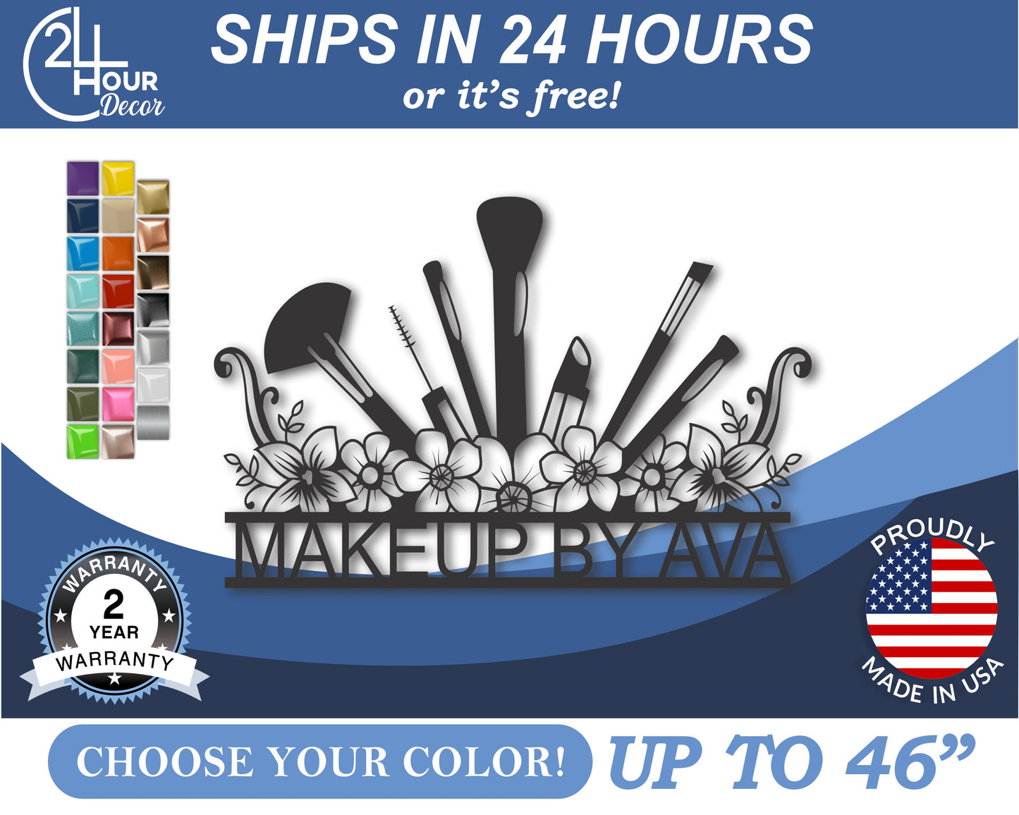 Custom Metal Floral Makeup Brushes Wall Art | Indoor Outdoor | Up to 46" | 20+ Color Options