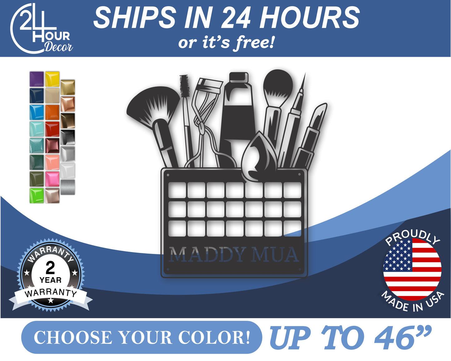 Custom Metal Makeup Brushes Wall Art | Indoor Outdoor | Up to 46" | 20+ Color Options