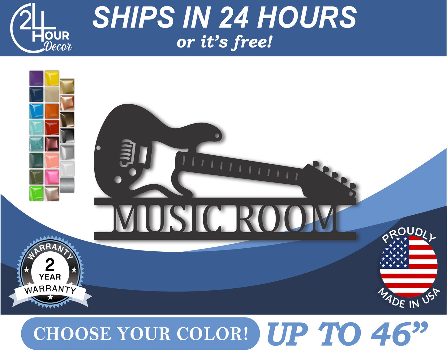 Custom Metal Electric Guitar Wall Art | Indoor Outdoor | Up to 46" | 20+ Color Options