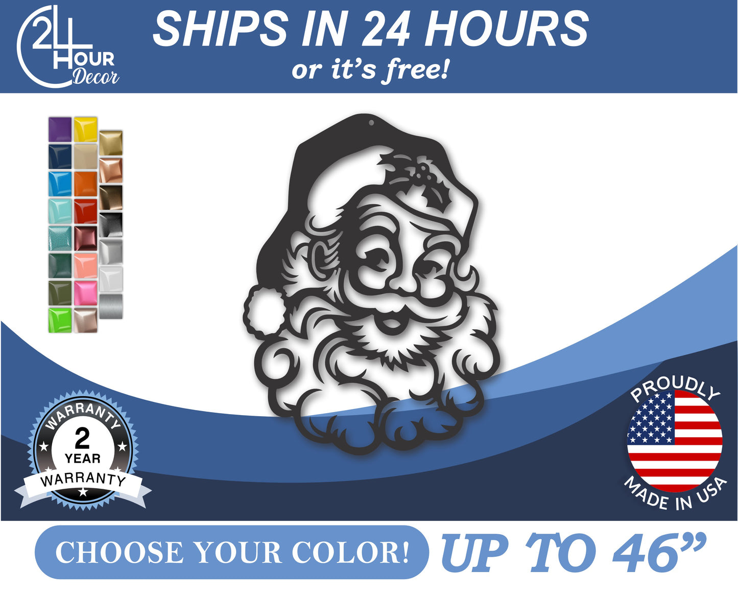 Custom Metal Classic Santa Claus Wall Art | Indoor Outdoor | Up to 46" | 20+ Color Options