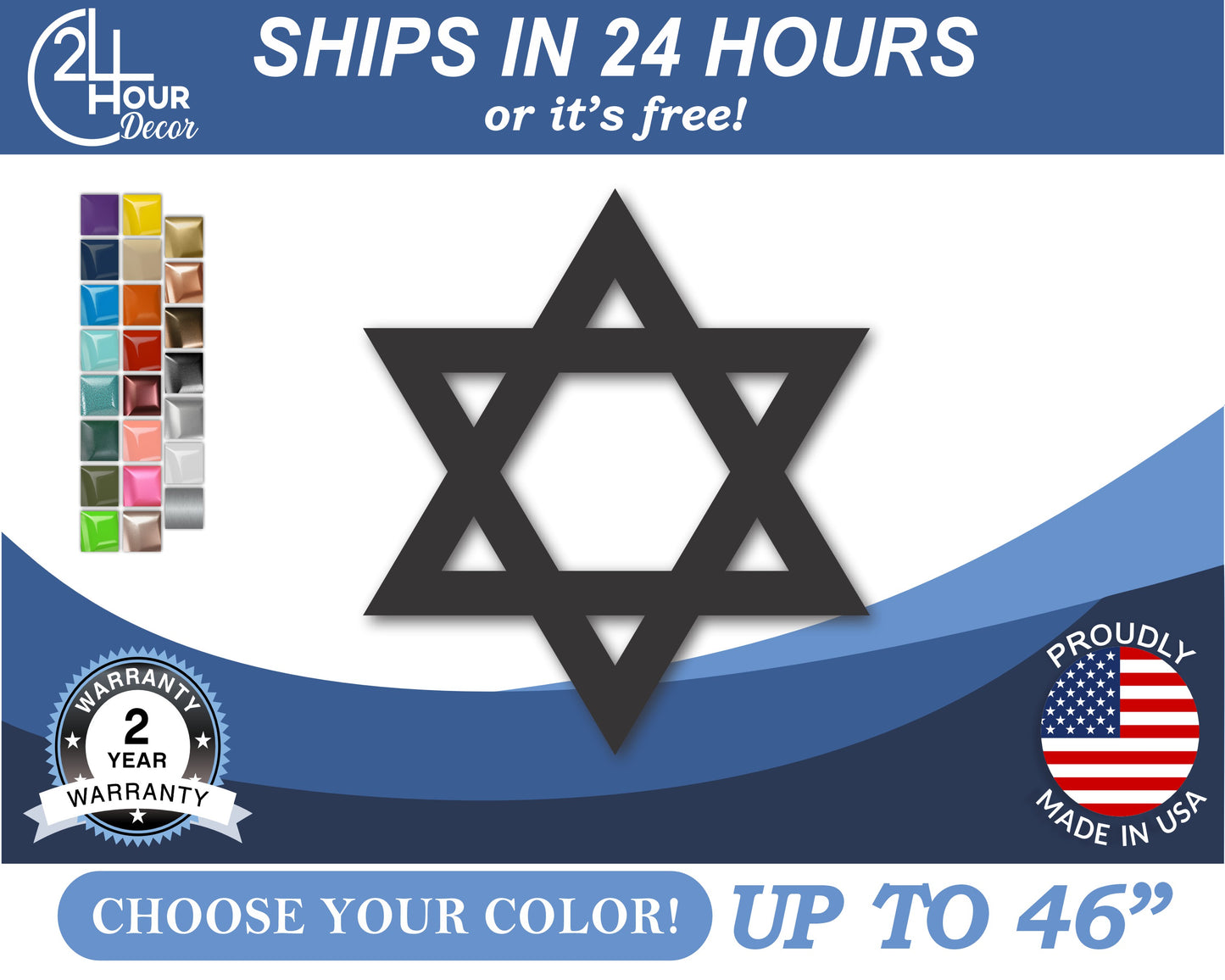 Custom Metal Star of David Wall Art | Indoor Outdoor | Up to 46" | 20+ Color Options