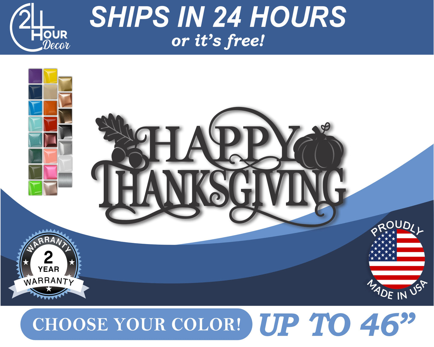 Custom Metal Happy Thanksgiving Wall Art | Indoor Outdoor | Up to 46" | 20+ Color Options