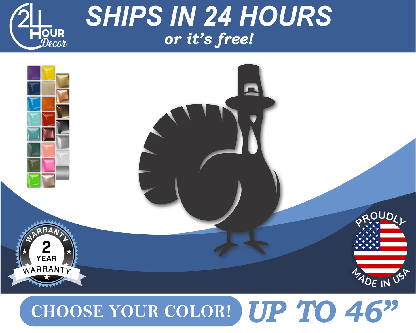 Custom Metal  Thanksgiving Turkey Wall Art | Indoor Outdoor | Up to 46" | 20+ Color Options