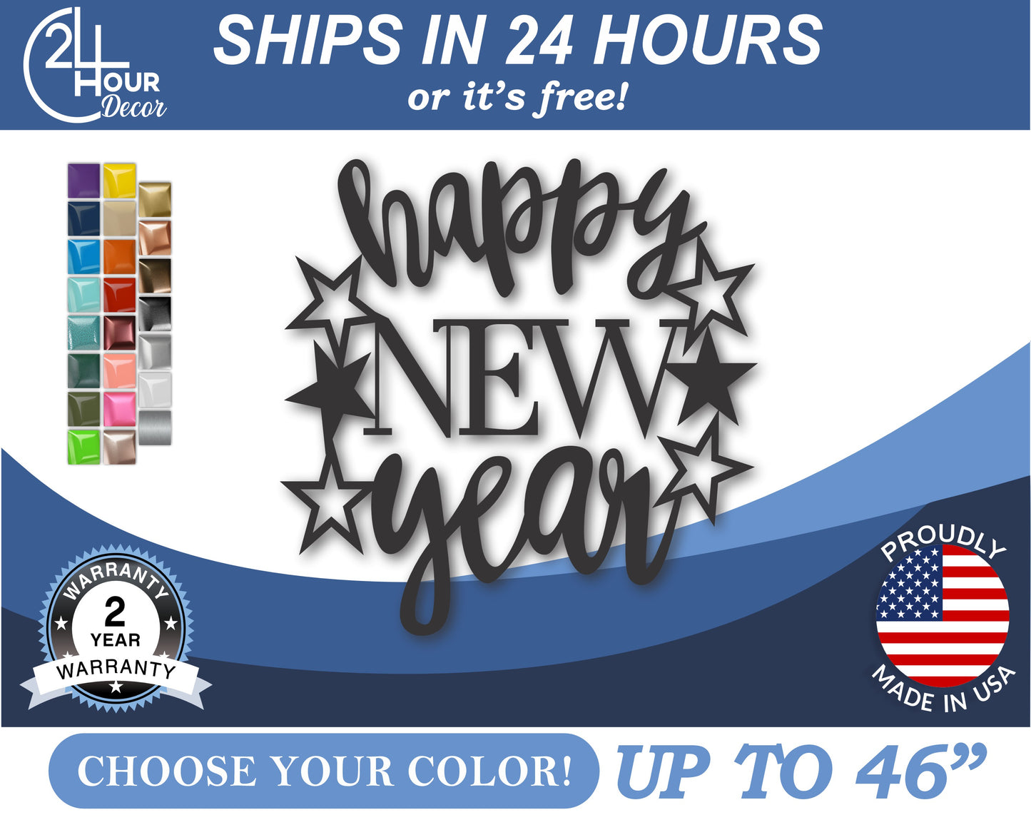 Custom Metal Happy New Year Stars Wall Art | Indoor Outdoor | Up to 46" | 20+ Color Options