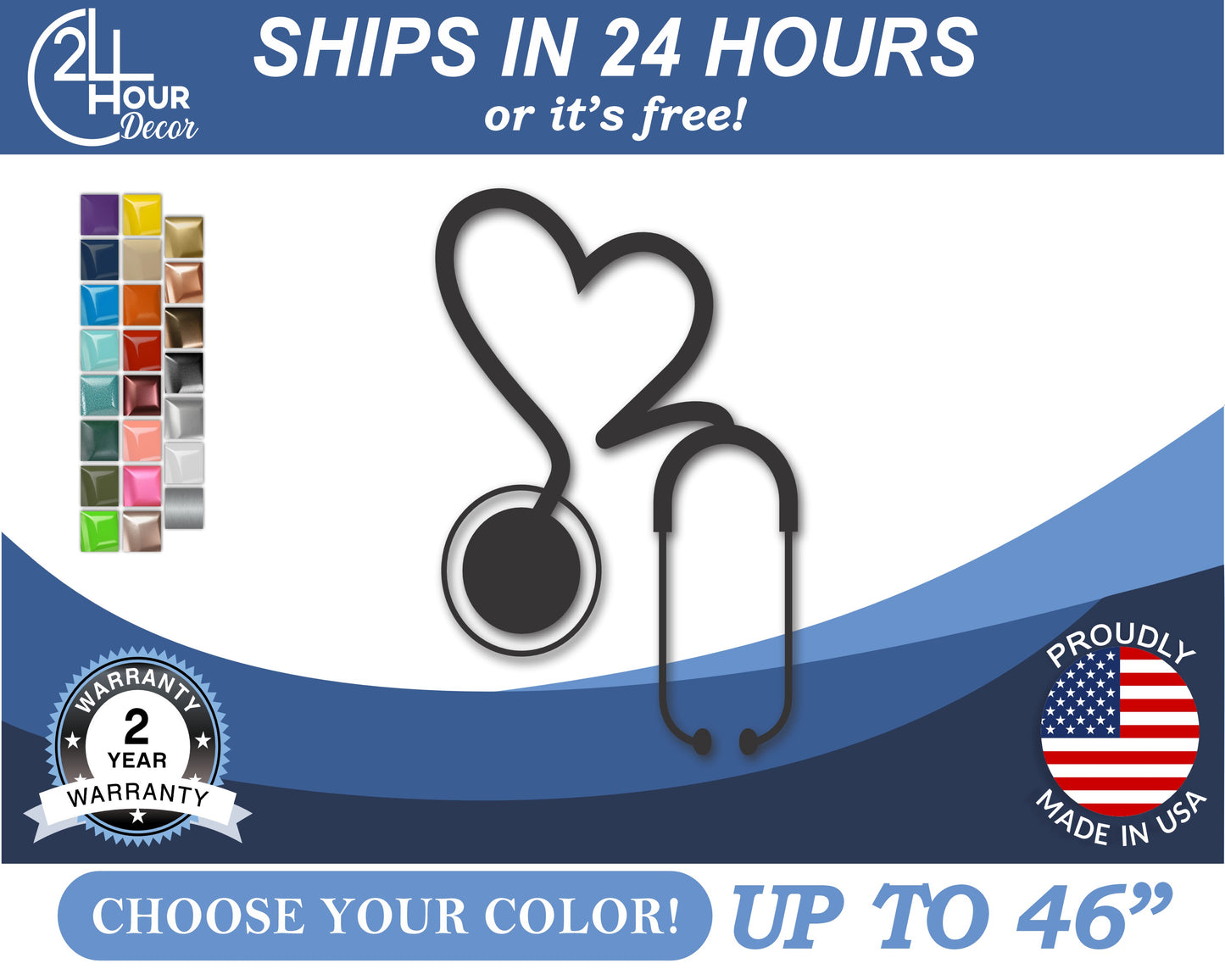 Custom Metal Heart Stethoscope Wall Art | Indoor Outdoor | Up to 46" | 20+ Color Options