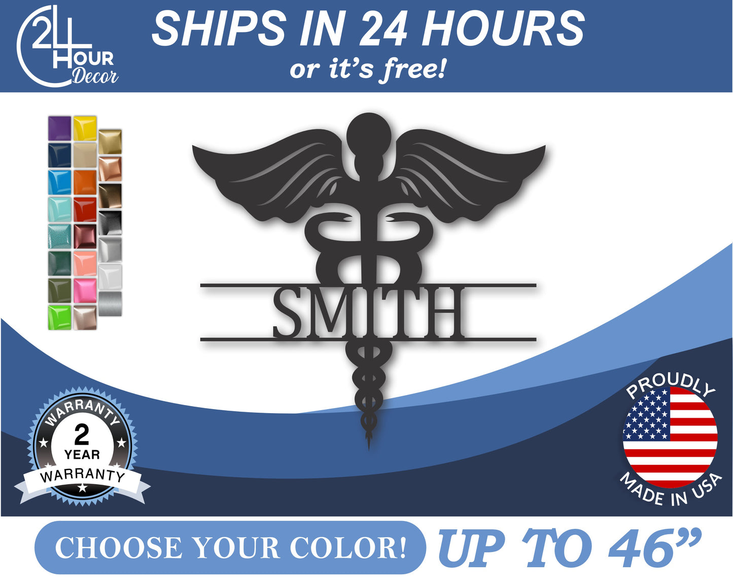 Custom Metal Caduceus Wall Art | Indoor Outdoor | Up to 46" | 20+ Color Options