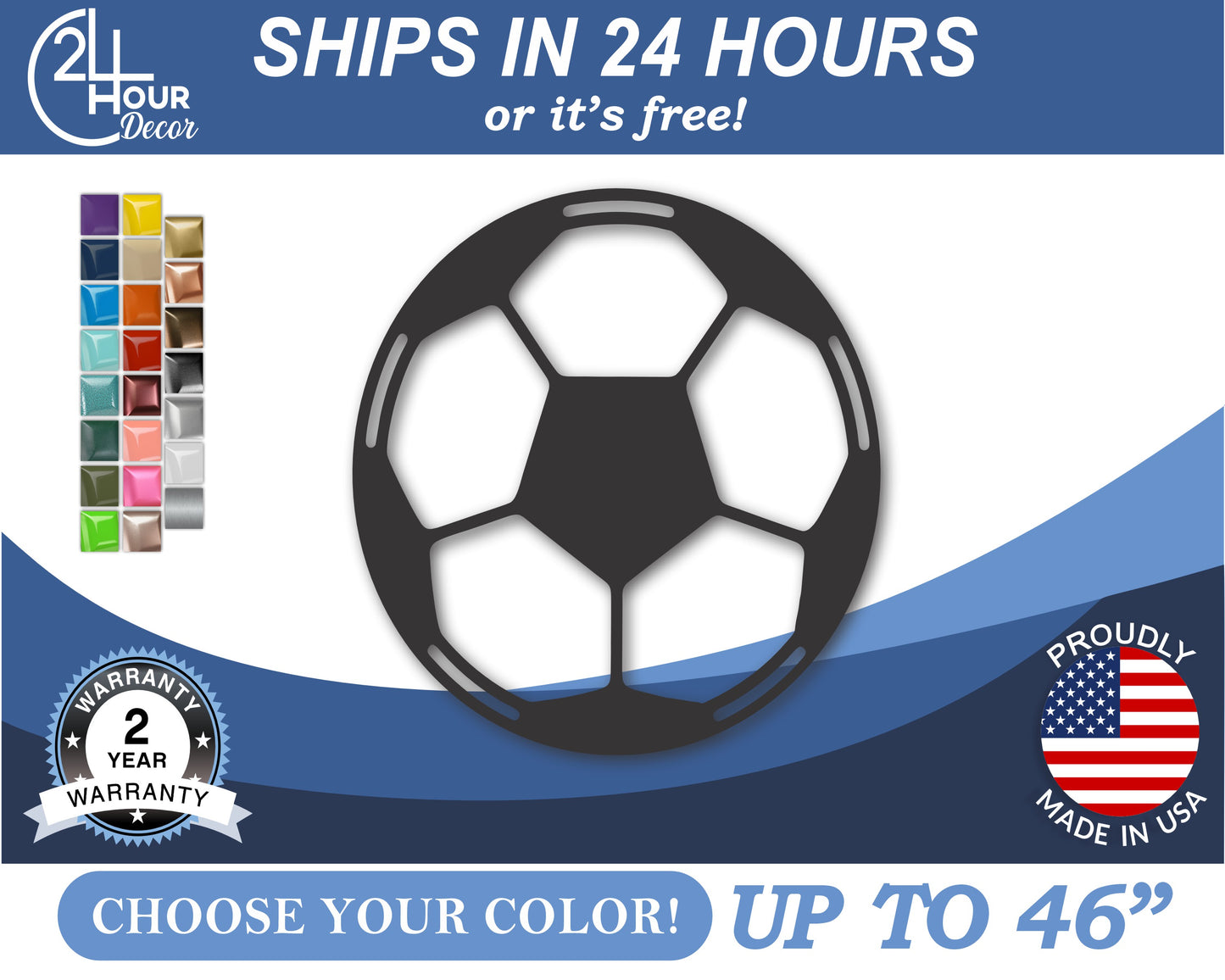 Custom Metal Soccer Ball Wall Art | Indoor Outdoor | Up to 46" | 20+ Color Options