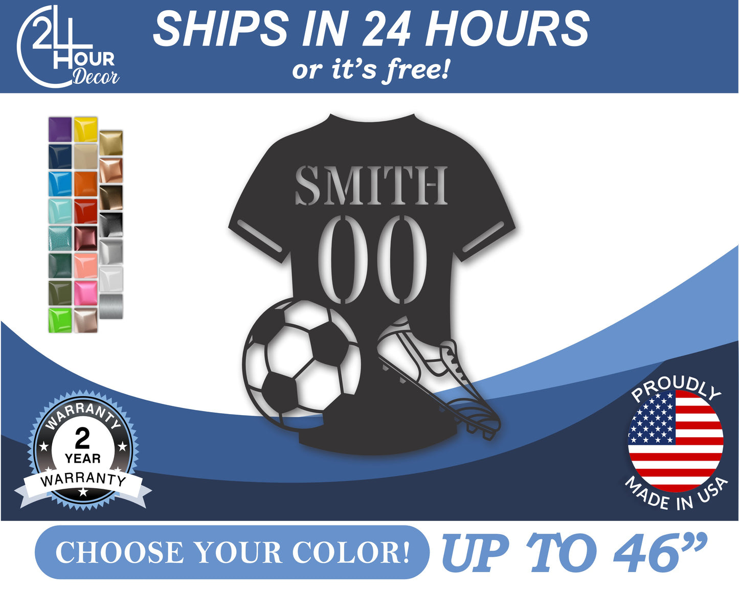 Custom Metal Soccer Jersey  Wall Art | Indoor Outdoor | Up to 46" | 20+ Color Options