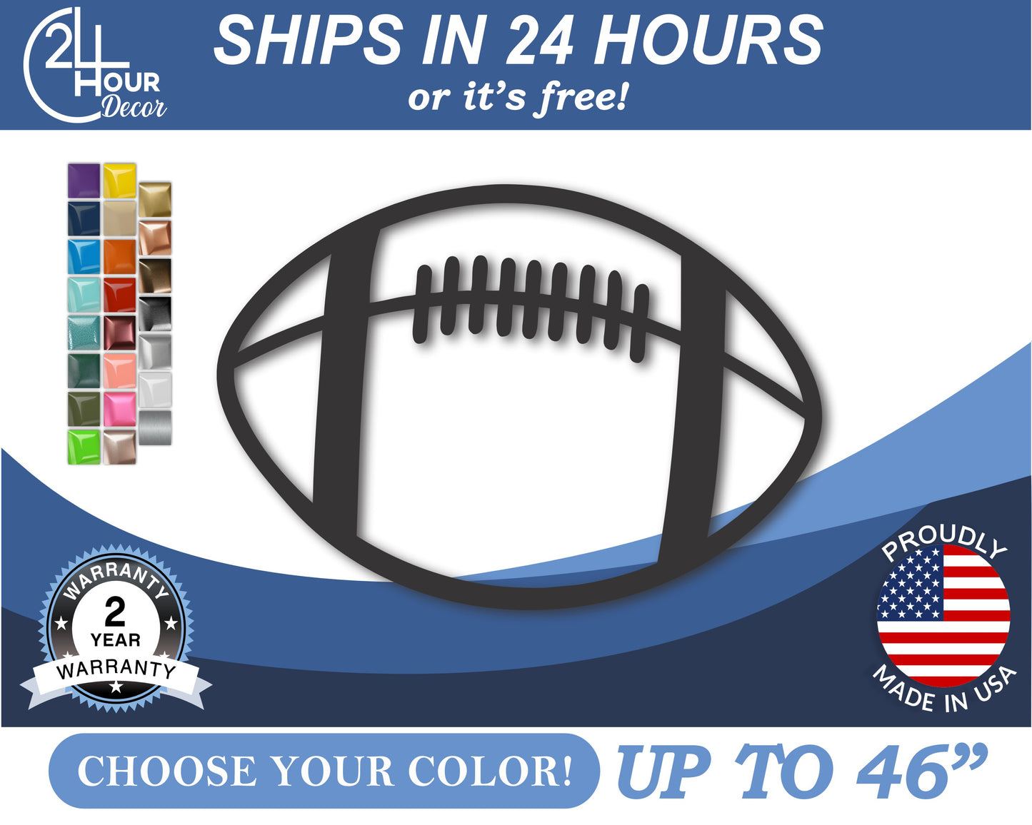 Custom Metal Football Wall Art | Indoor Outdoor | Up to 46" | 20+ Color Options