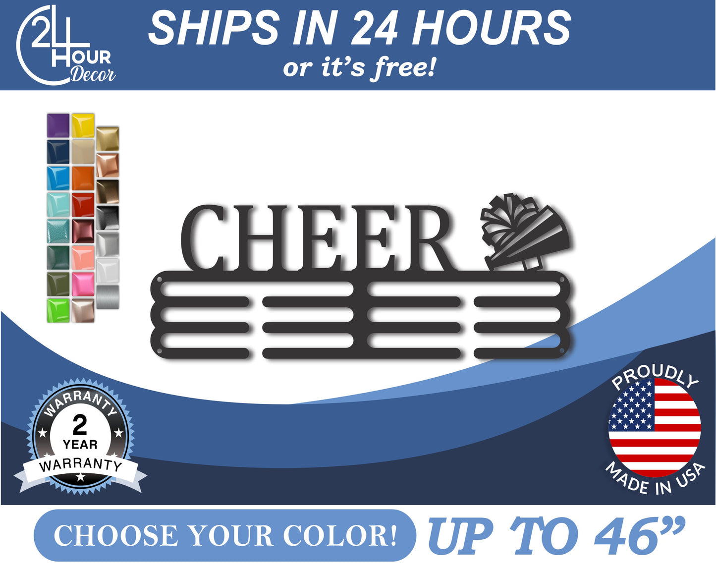 Custom Metal Cheer Medal Hanger Wall Art | Indoor Outdoor | Up to 46" | 20+ Color Options