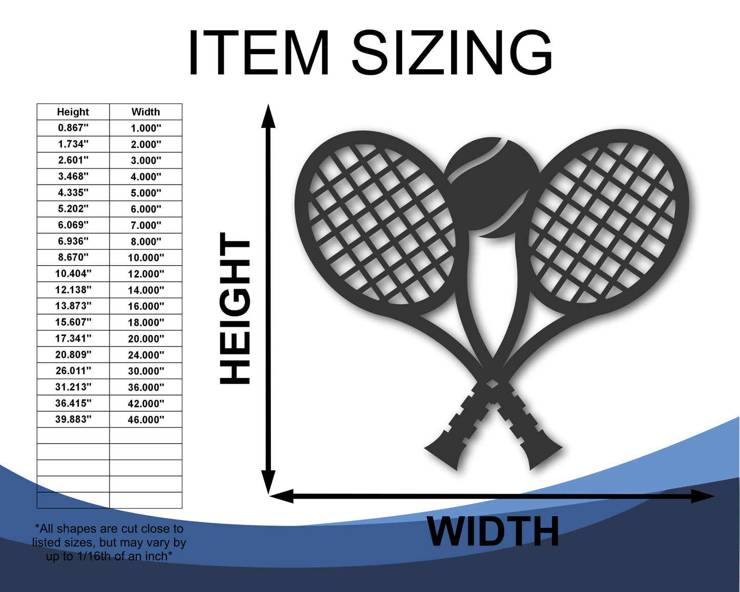 Custom Metal Tennis Rackets Wall Art | Indoor Outdoor | Up to 46" | 20+ Color Options