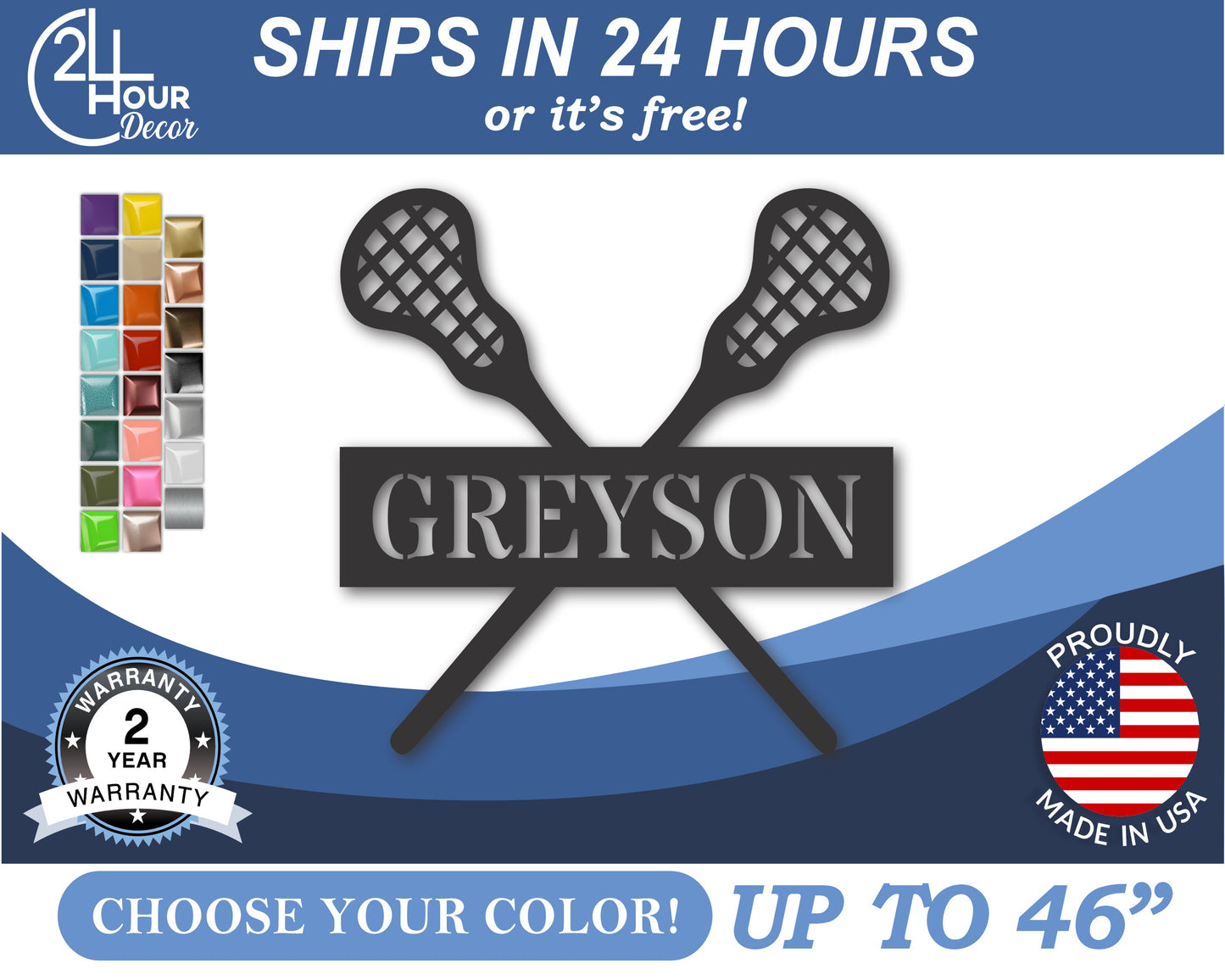 Custom Metal Lacrosse Wall Art | Indoor Outdoor | Up to 46" | 20+ Color Options