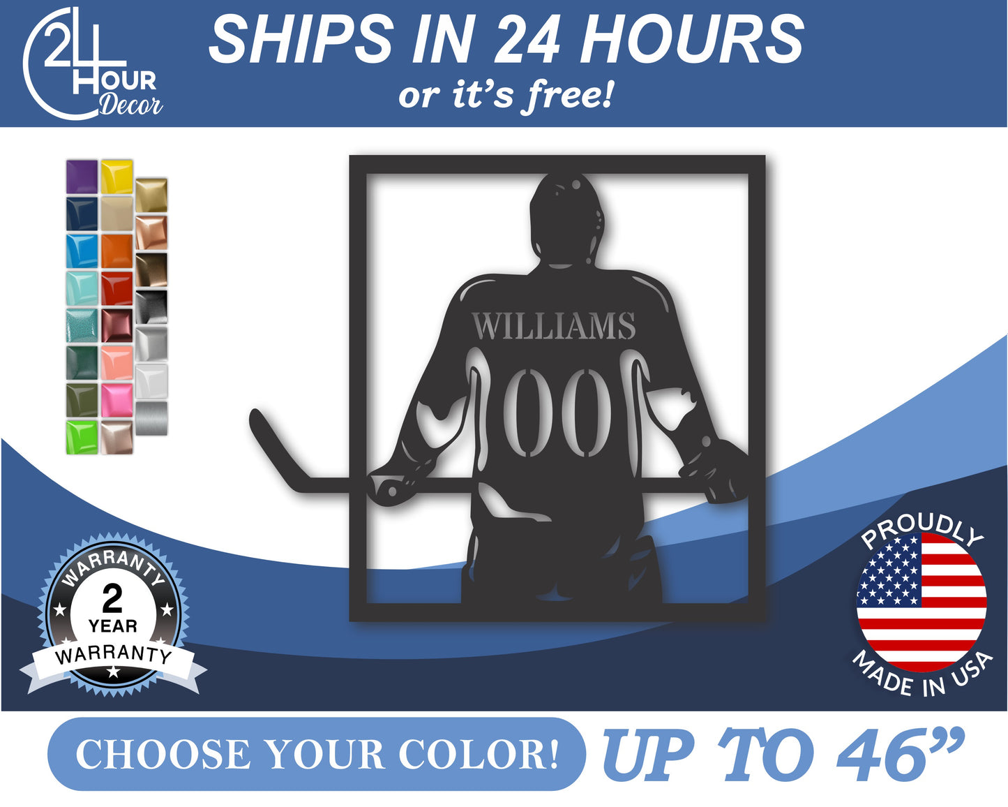 Custom Metal Hockey Player Wall Art | Indoor Outdoor | Up to 46" | 20+ Color Options