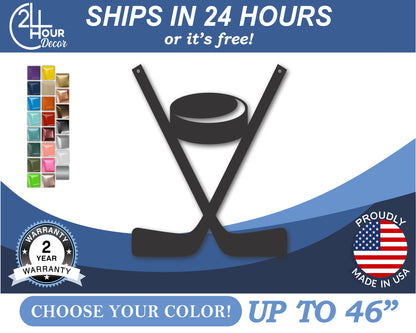 Custom Metal Hockey Sticks and Puck Wall Art | Indoor Outdoor | Up to 46" | 20+ Color Options