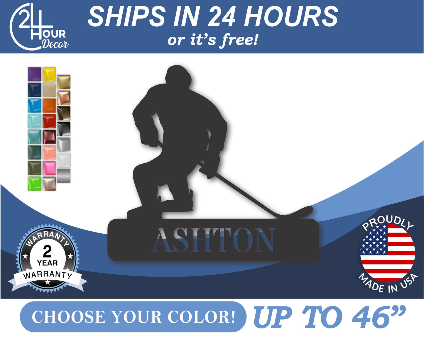 Custom Metal Hockey Wall Art | Indoor Outdoor | Up to 46" | 20+ Color Options