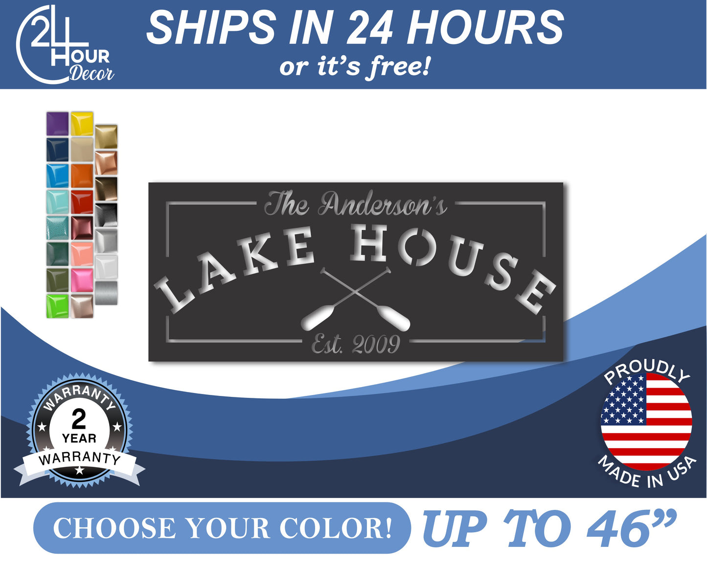 Custom Metal Family Lake House Wall Art | Indoor Outdoor | Up to 46" | 20+ Color Options