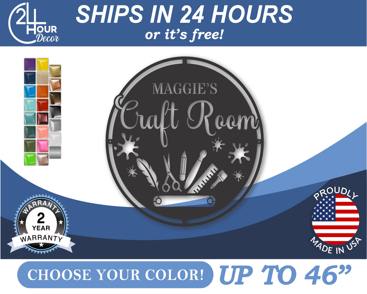 Custom Metal Craft Room Wall Art | Indoor Outdoor | Up to 46" | 20+ Color Options