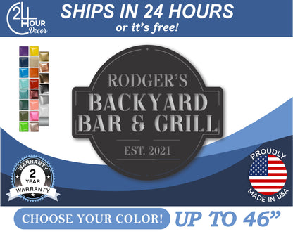 Custom Metal Backyard Bar and Grill Wall Art | Indoor Outdoor | Up to 46" | 20+ Color Options