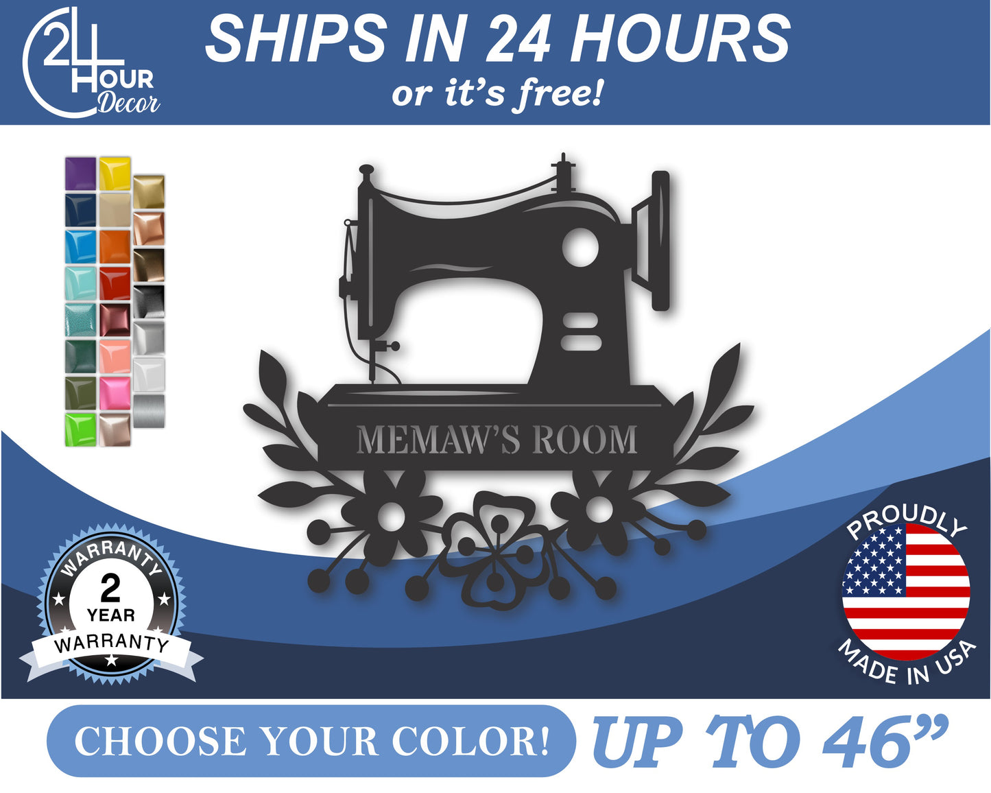 Custom Metal Sewing Machine Wall Art | Indoor Outdoor | Up to 46" | 20+ Color Options