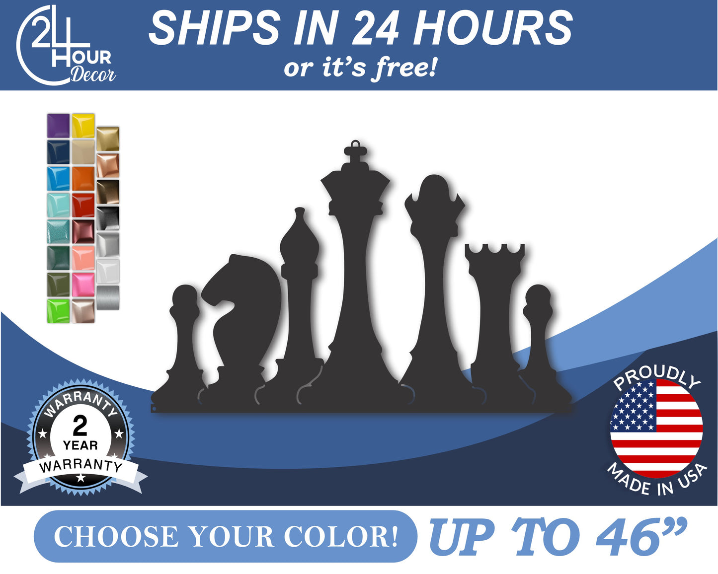 Custom Metal Chess Wall Art | Indoor Outdoor | Up to 46" | 20+ Color Options