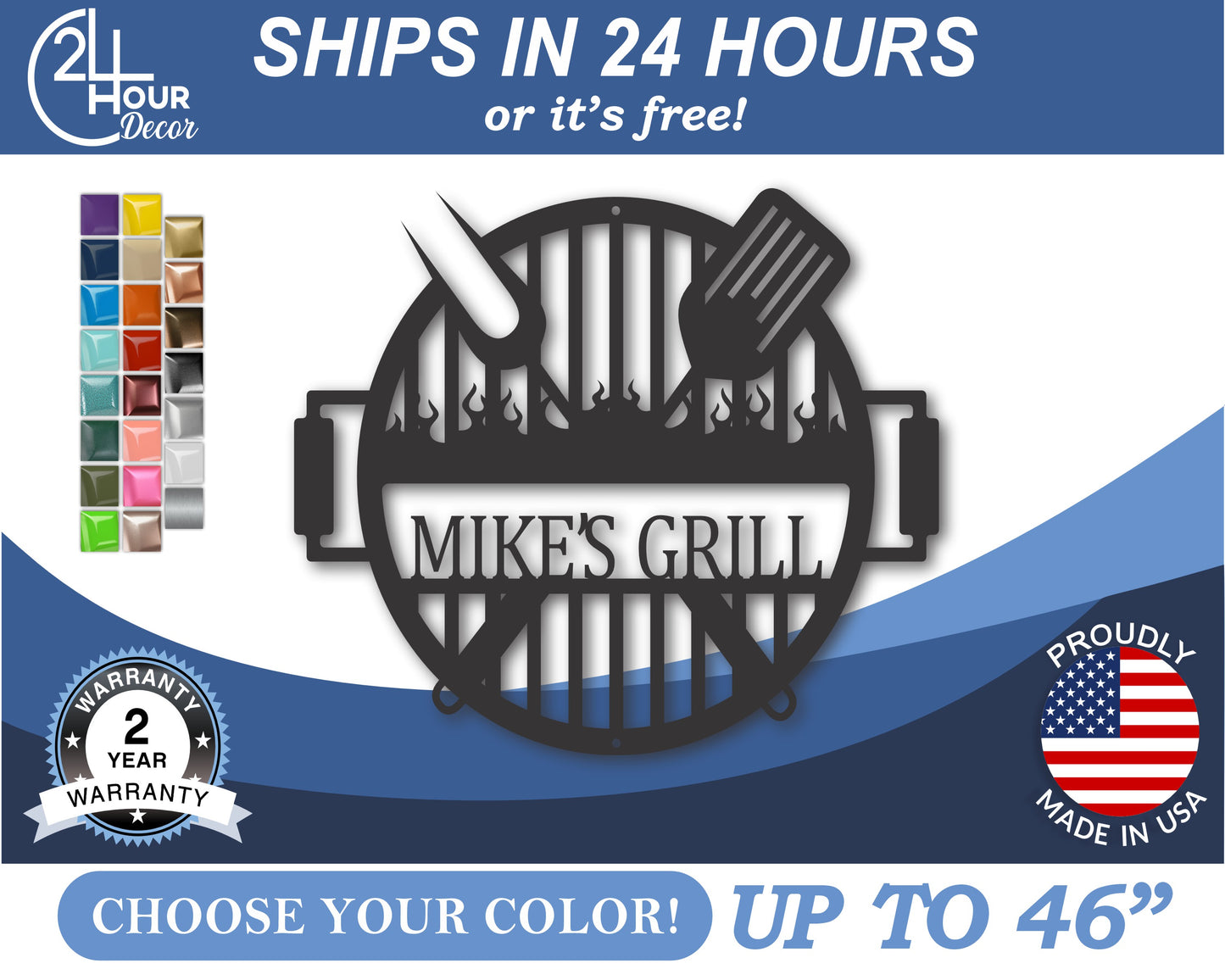 Custom Metal Grill Wall Art | Indoor Outdoor | Up to 46" | 20+ Color Options