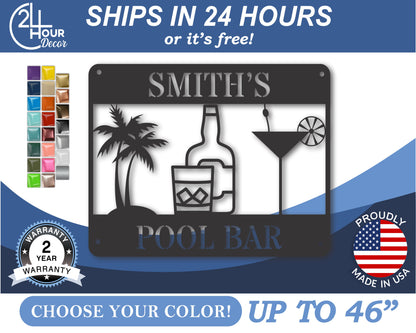 Custom Metal Pool Bar Wall Art | Indoor Outdoor | Up to 46" | 20+ Color Options