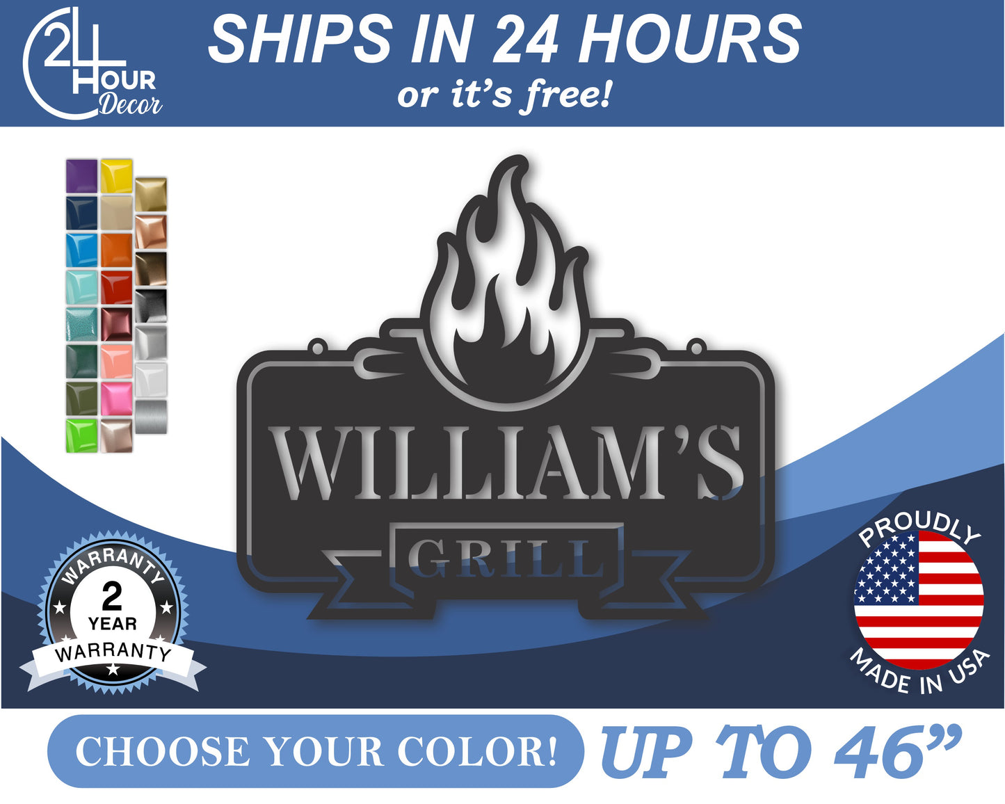 Custom Metal Grill Wall Art | Indoor Outdoor | Up to 46" | 20+ Color Options