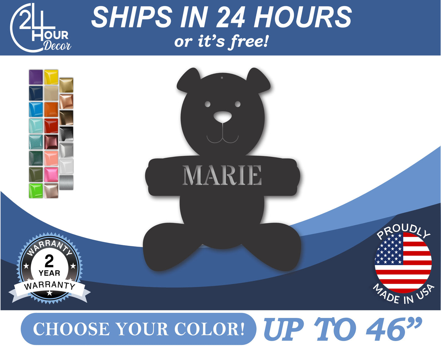 Custom Metal Teddy Bear Wall Art | Indoor Outdoor | Up to 46" | 20+ Color Options