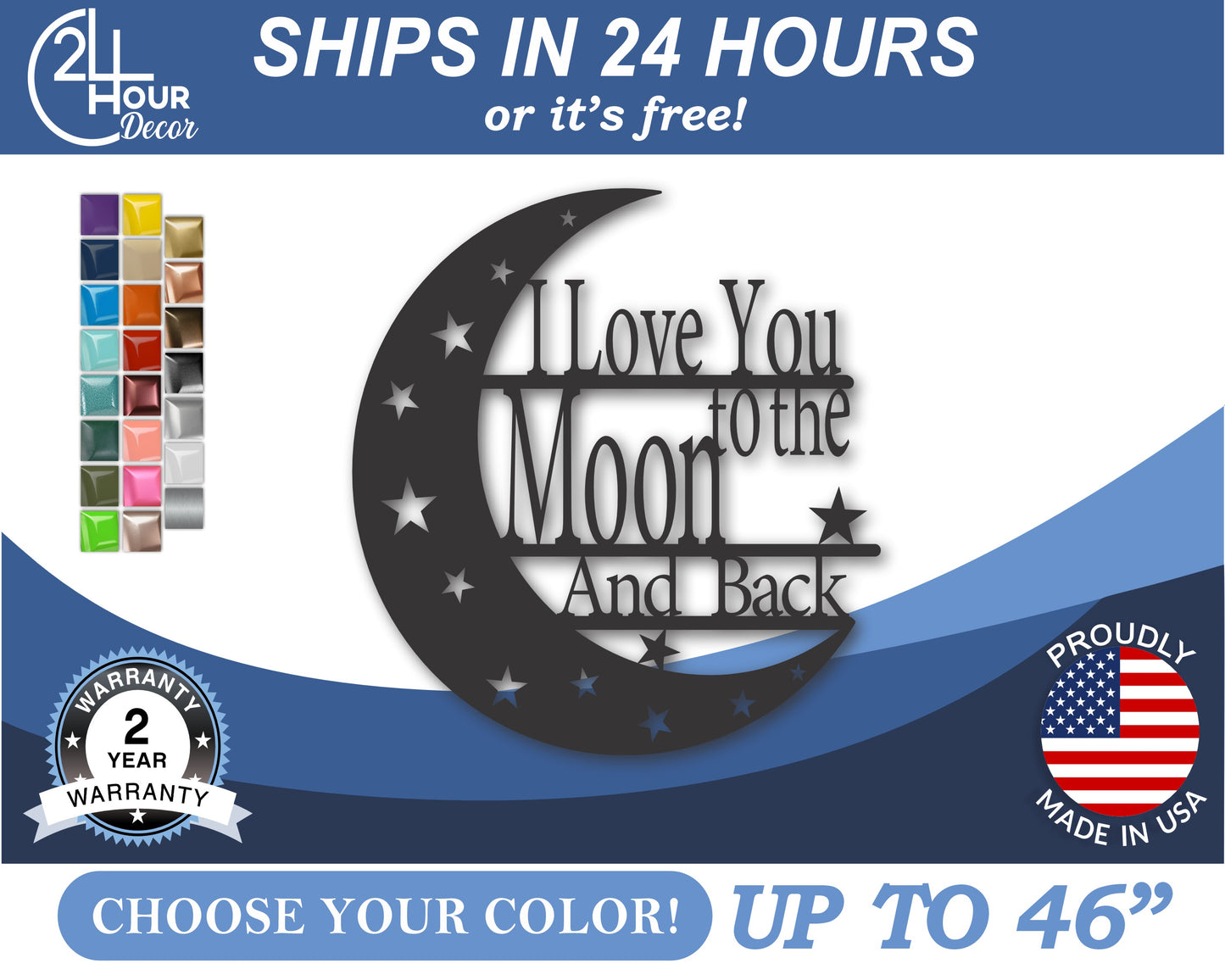 Custom Metal I Love You to the Moon and Back Wall Art | Indoor Outdoor | Up to 46" | 20+ Color Options