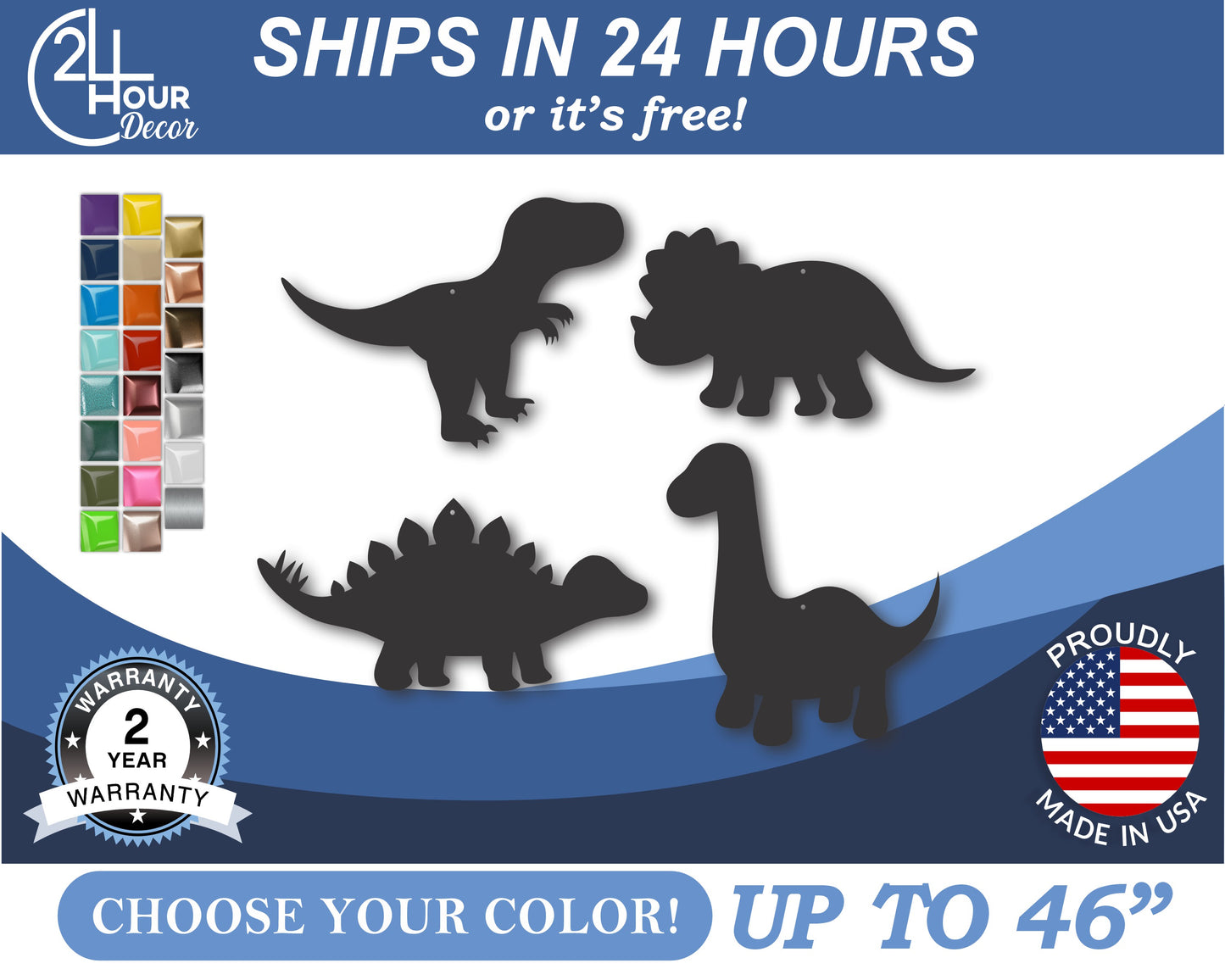 Custom Metal Dinosaur Set (4pc.) Wall Art | Indoor Outdoor | Up to 46" | 20+ Color Options