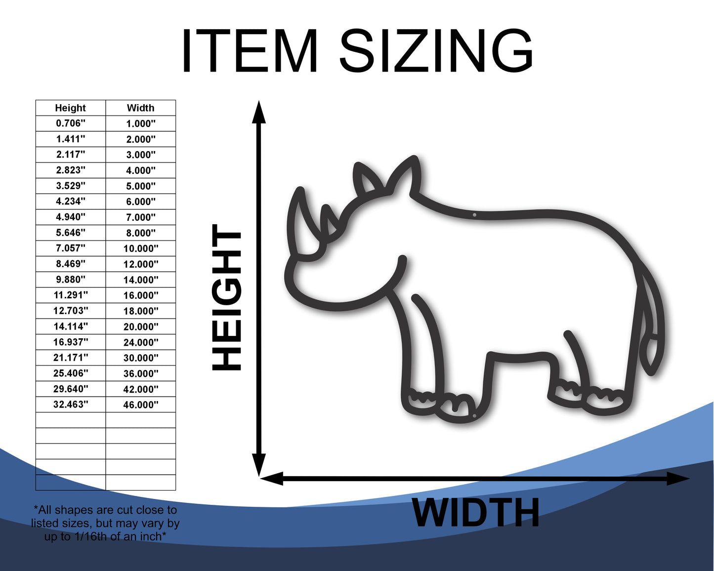 Custom Metal Rhinoceros Outline Wall Art | Indoor Outdoor | Up to 46" | 20+ Color Options