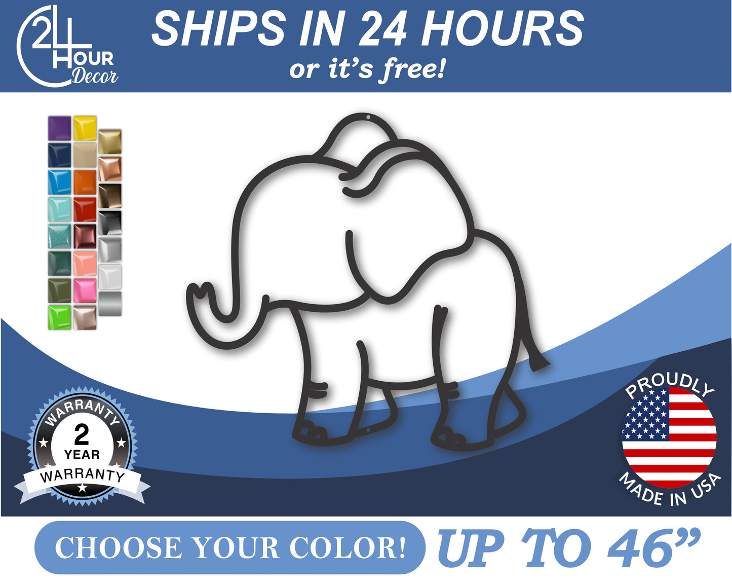 Custom Metal Elephant Outline Wall Art | Indoor Outdoor | Up to 46" | 20+ Color Options