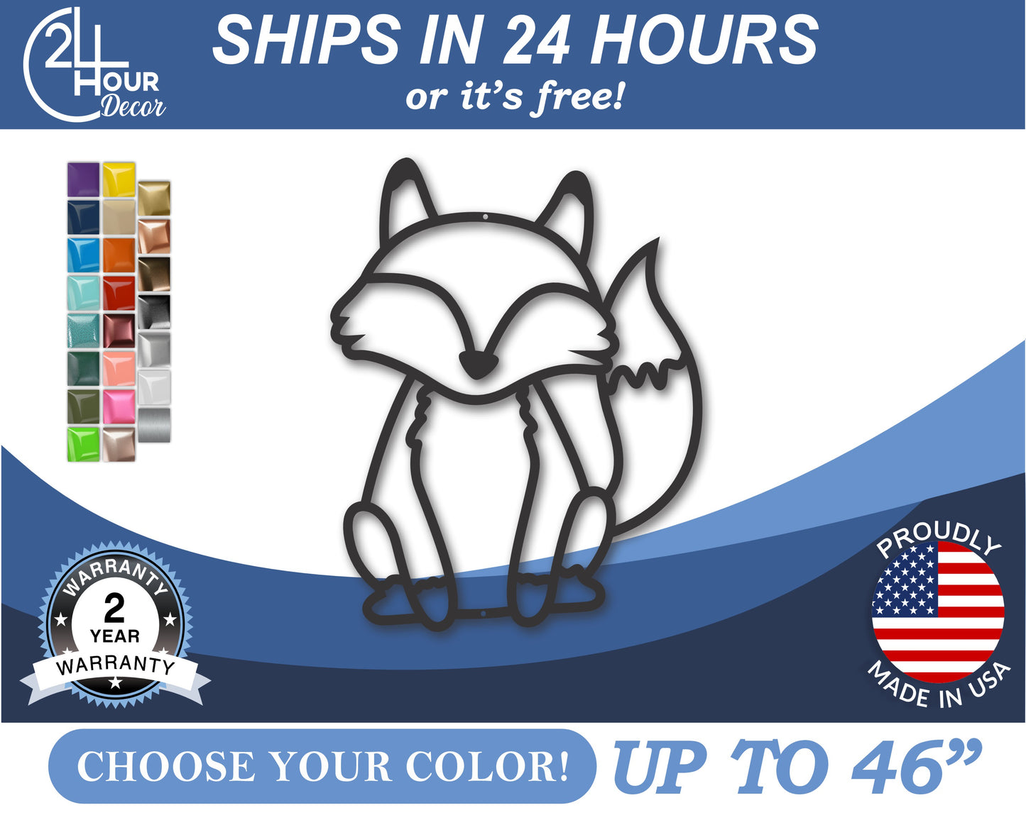 Custom Metal Fox Outline Wall Art | Indoor Outdoor | Up to 46" | 20+ Color Options