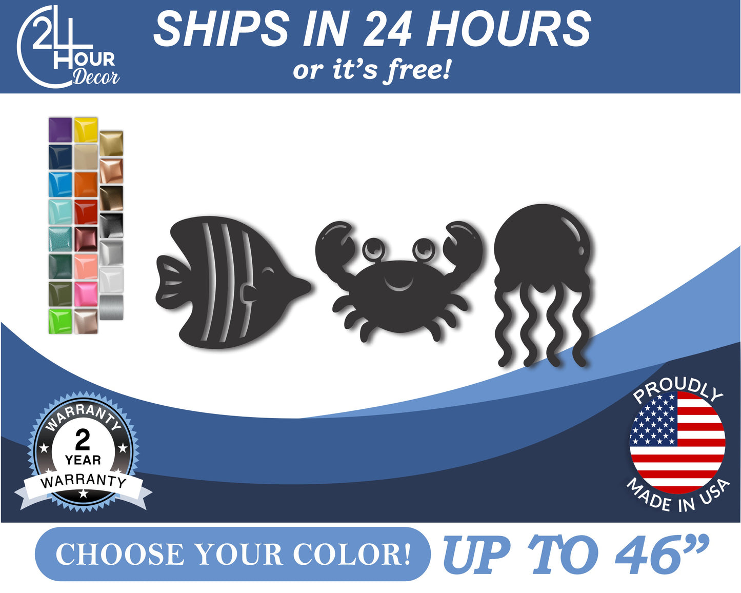 Custom Metal Sea Creatures (3pc.) Wall Art | Indoor Outdoor | Up to 46" | 20+ Color Options