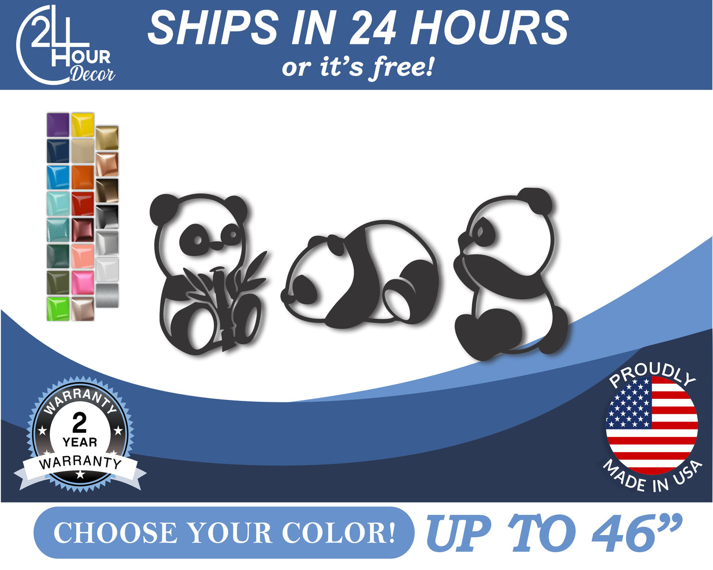 Custom Metal Panda Set (3pc.) Wall Art | Indoor Outdoor | Up to 46" | 20+ Color Options