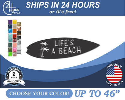 Custom Metal Life's A Beach Surfboard Wall Art | Indoor Outdoor | Up to 46" | 20+ Color Options