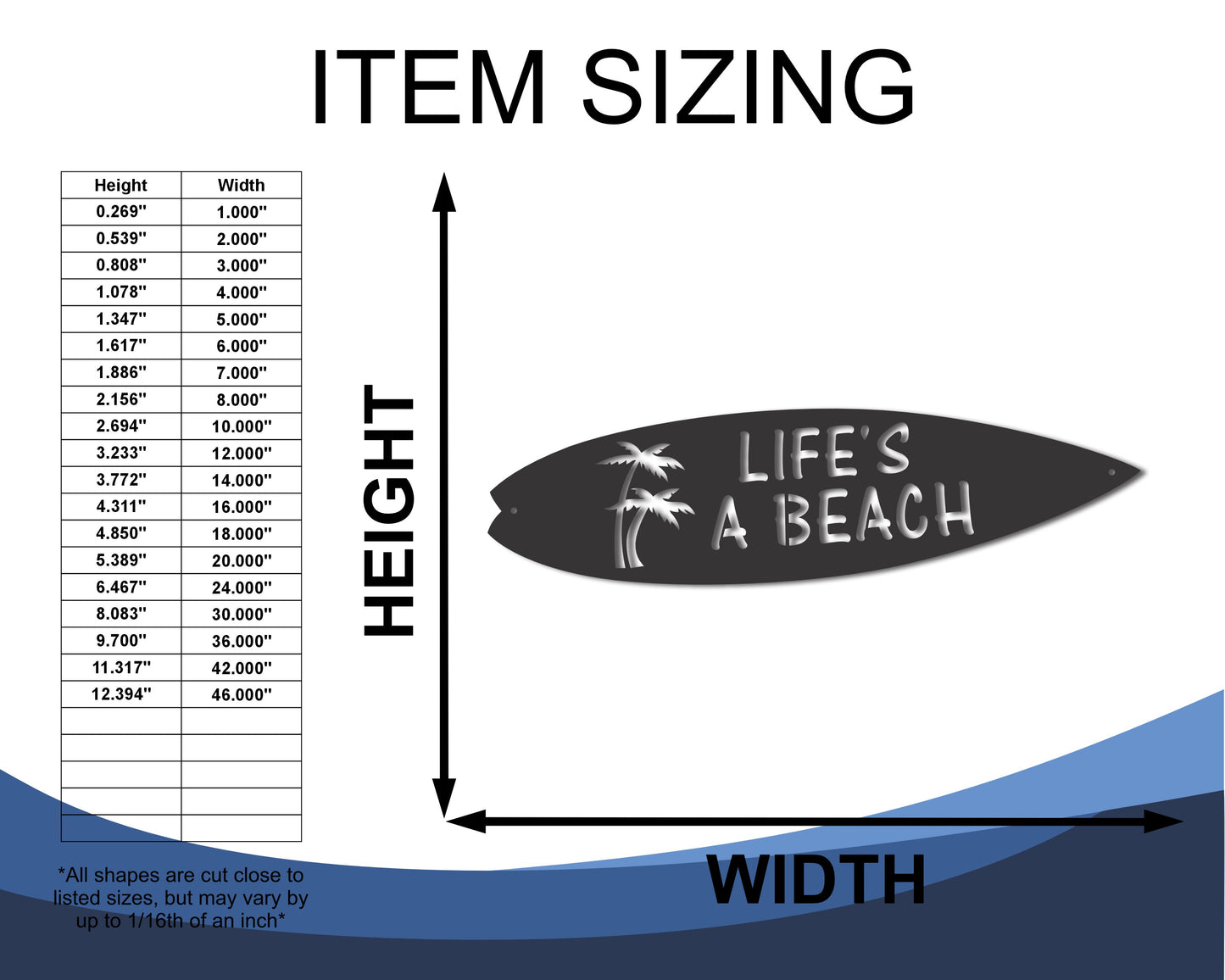 Custom Metal Life's A Beach Surfboard Wall Art | Indoor Outdoor | Up to 46" | 20+ Color Options