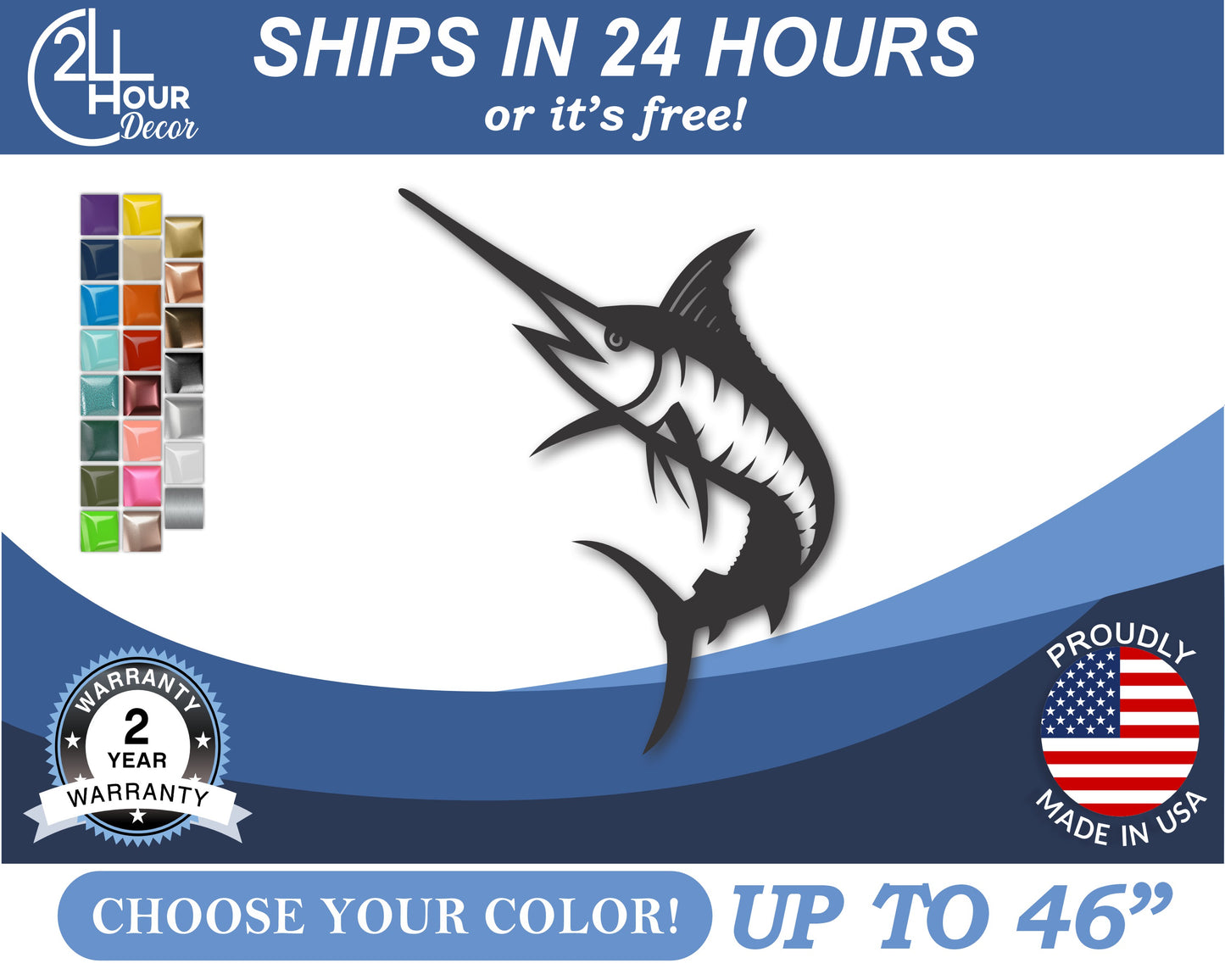 Custom Metal Marlin Wall Art | Indoor Outdoor | Up to 46" | 20+ Color Options