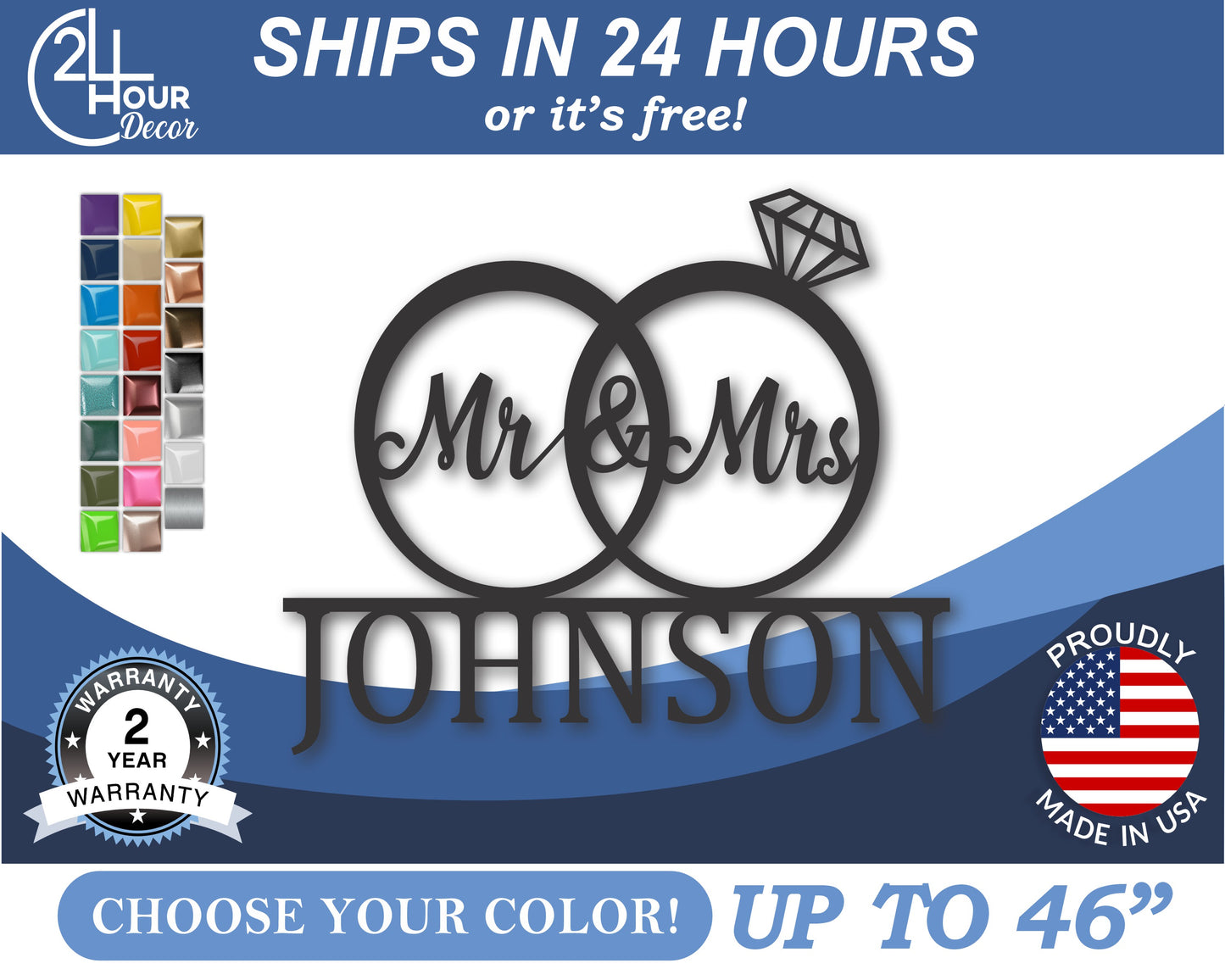 Custom Metal Mr and Mrs Rings Wall Art | Indoor Outdoor | Up to 46" | 20+ Color Options