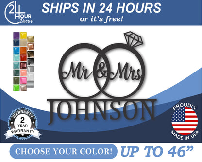 Custom Metal Mr and Mrs Rings Wall Art | Indoor Outdoor | Up to 46" | 20+ Color Options