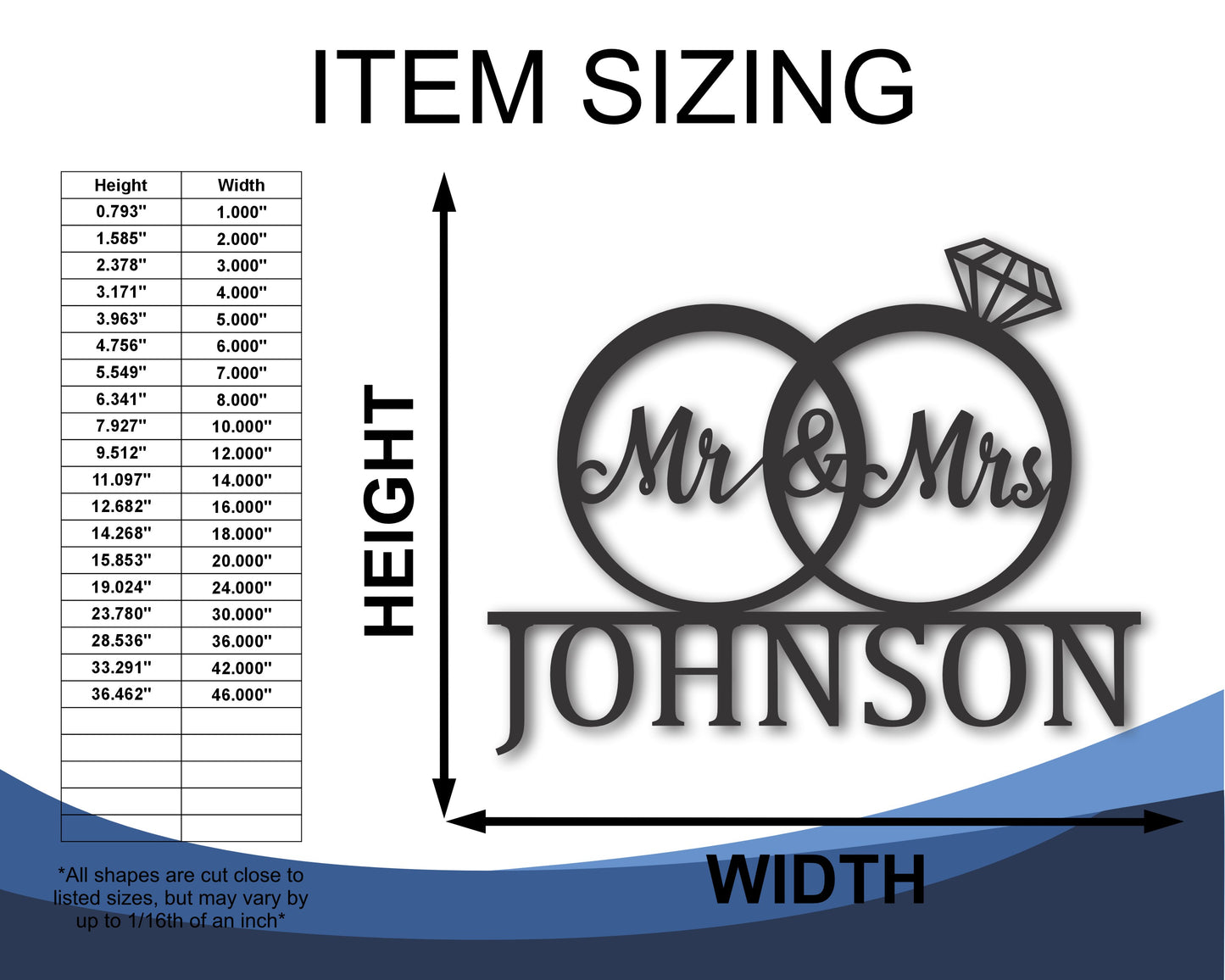 Custom Metal Mr and Mrs Rings Wall Art | Indoor Outdoor | Up to 46" | 20+ Color Options