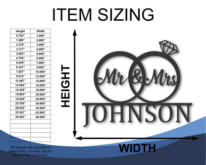 Custom Metal Mr and Mrs Rings Wall Art | Indoor Outdoor | Up to 46" | 20+ Color Options