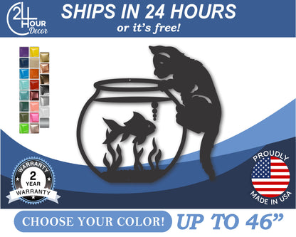 Custom Metal Kitten and Fish Bowl Wall Art | Indoor Outdoor | Up to 46" | 20+ Color Options