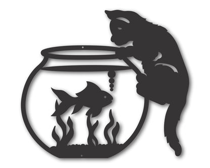 Custom Metal Kitten and Fish Bowl Wall Art | Indoor Outdoor | Up to 46" | 20+ Color Options